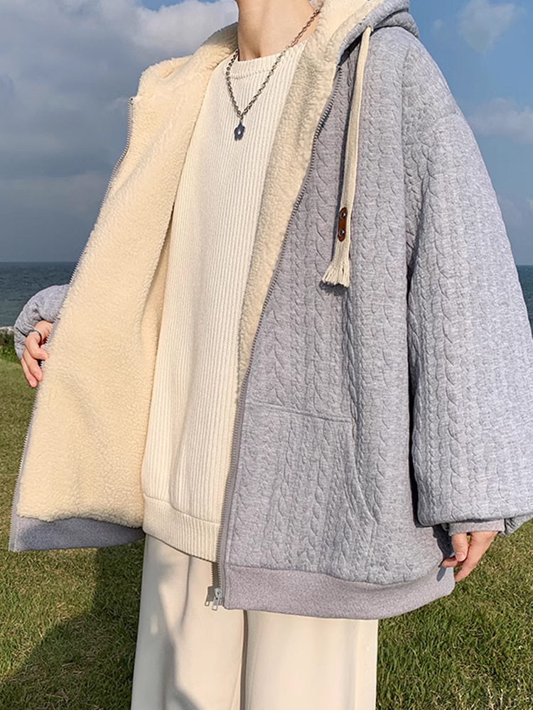 2025 nuevo estilo con capucha primavera y otoño gris principios de otoño chaqueta de suéter de estilo perezoso chaqueta de hombre cárdigan con cremallera principios de otoño