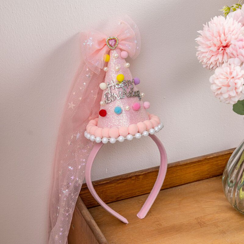 2025 New Children's Party Birthday Hat Colorful Cake Hat Letter Mesh Bow Candy Birthday Hair Accessories