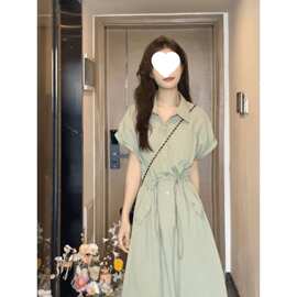绿色短袖衬衫连衣裙系带夏季新款休闲收腰显瘦工装气质长裙裙子