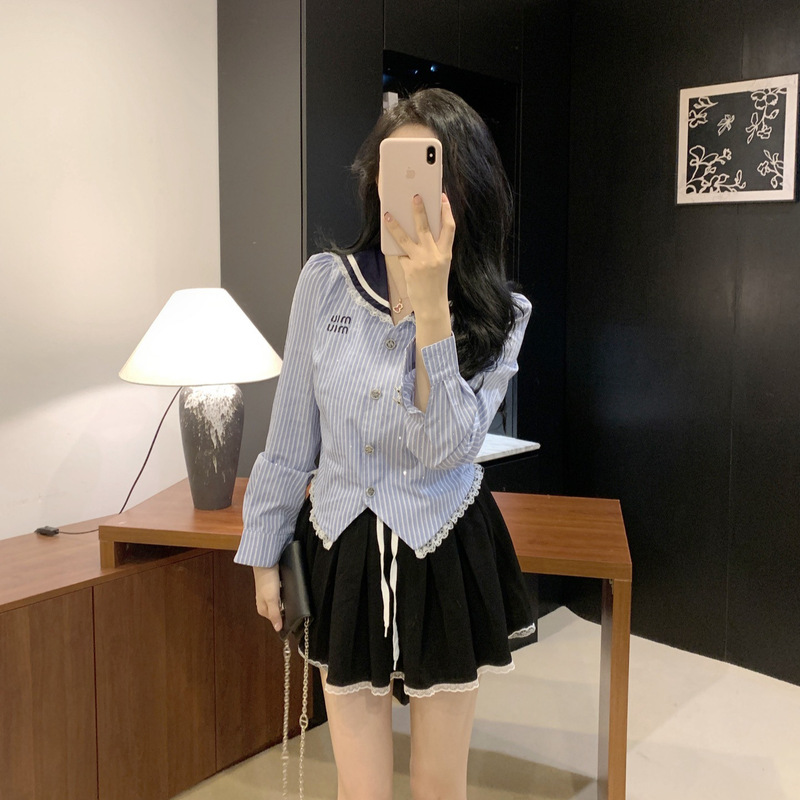 25 Early Spring New MM Hot Drilling Lace Design New Korean College Style Contrast Color Navy Collar Striped Shirt for Women