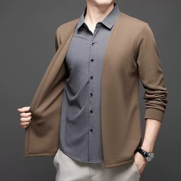 High-End Men's Faux Two-Piece Cardigan, Light Luxury 2025 Spring and Autumn New Business Casual Lapel Jacket Top