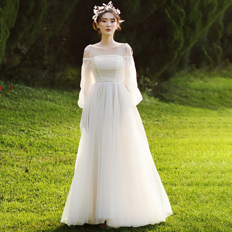 French-style light wedding dress travel photography Mori long sleeve slimming arm-covering floor-length pettiskirt bride outdoor welcome yarn