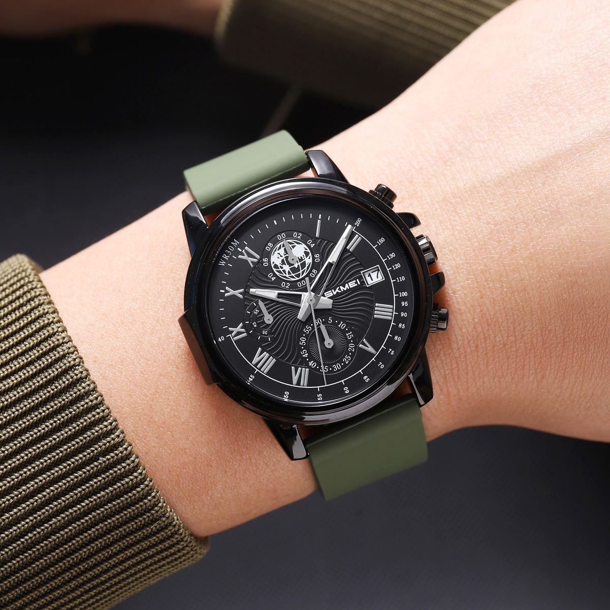 Momento de belleza para hombres tres ojos seis agujas reloj de cuarzo multifuncional silicona correa impermeable luz nocturna relojes de pulsera de ocio transfronterizos al por mayor