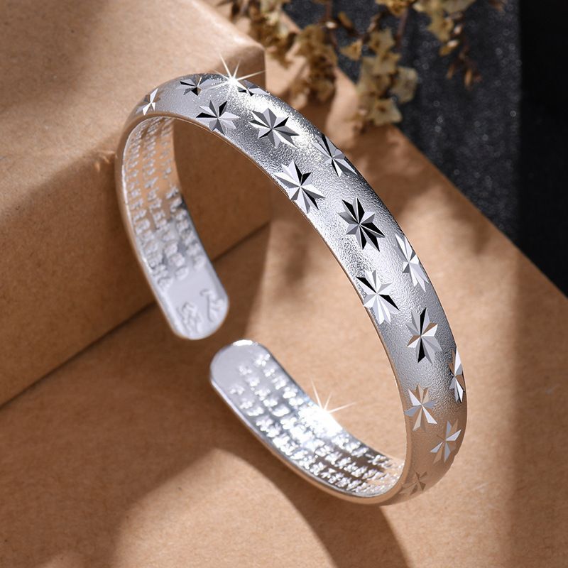 Pure Silver S999 Bracelet with Starry Sky Design, Vintage Open-Style Bracelet with Ancient Heart Sutra, a Royal-Style Gift for Mom, Chinese Style