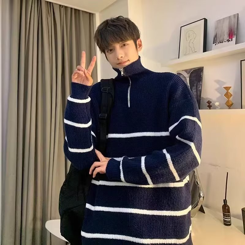 Trendy Brand High Street Striped Half-turtleneck Sweater Men's Hong Kong-style Deer Plush Half-zipper Design Sense Casual Good-looking Sweater
