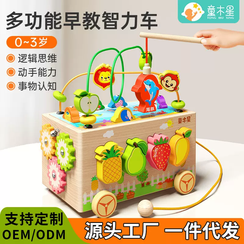 多功能木制智力车宝宝磁性钓鱼海洋动物形状配对儿童早教益智玩具