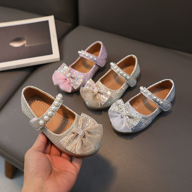 Кожаная обувь для девочек Стильная новая блестящая обувь с бантом и жемчугом Fairy Princess Shoes для маленьких девочек Детская обувь с блестками