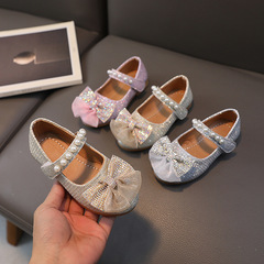 Girls' leather shoes, stylish new style, shiny bow, pearl fairy princess shoes, little girls and children's sequined shoes