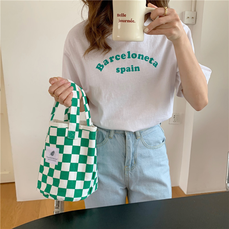 【 In Stock 】18181 checkerboard green checkered canvas bag, school-style commuter single-shoulder bag, retro hand-held tote bag undefined
