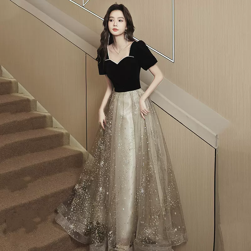 晚礼服女2024新款年会婚纱黑色连衣裙学生艺考成人礼一件代发