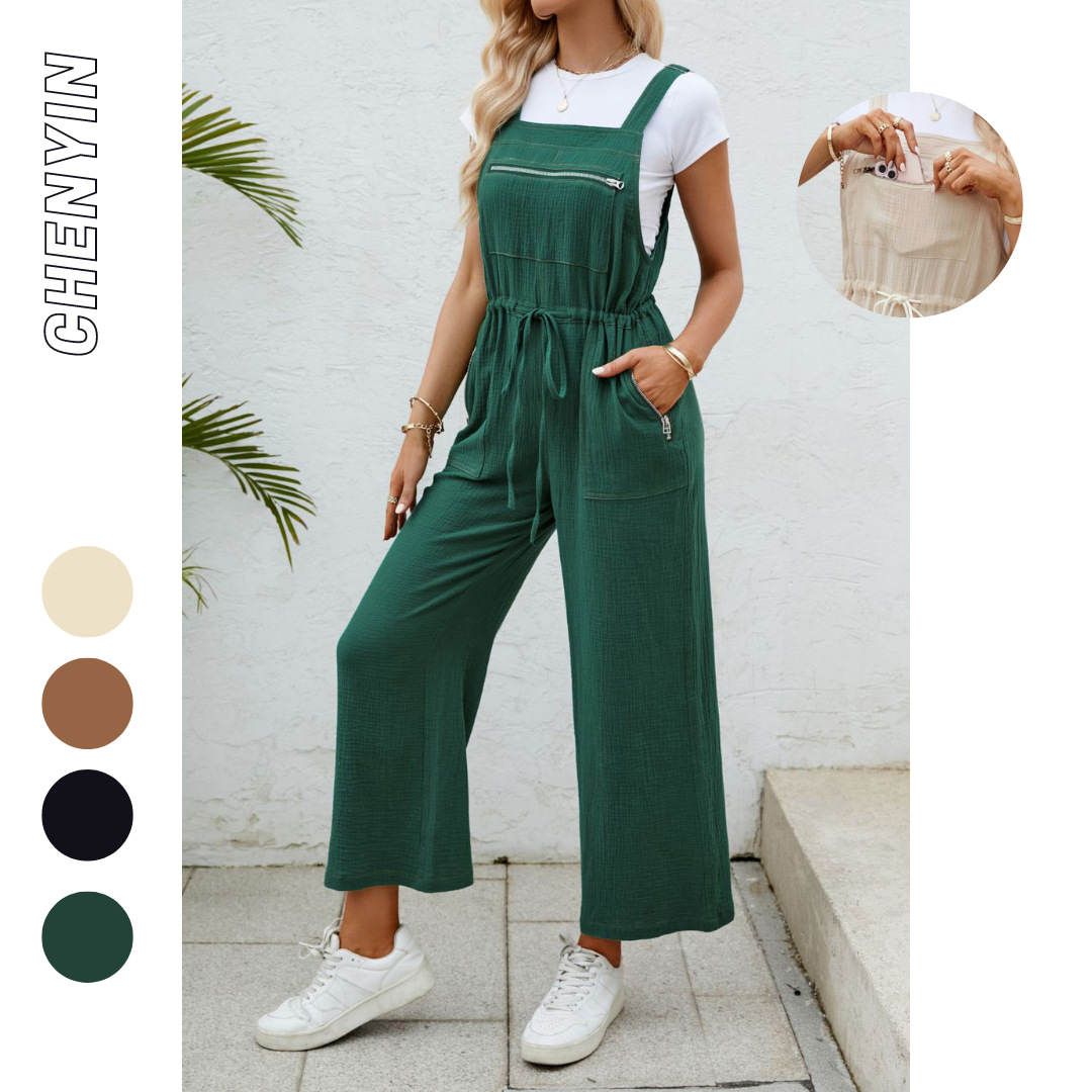 ins新款欧美女士连体裤·棉皱设计感工装多口袋抽绳休闲长裤