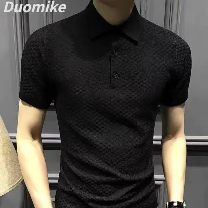 Nueva Camiseta de manga corta de seda de hielo a rayas casual ropa superior de los hombres delgados simples suéter de moda