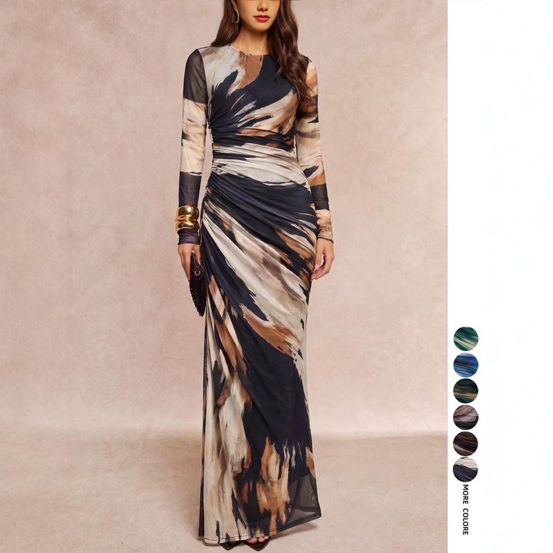 Cross-Border New European and American Style Mesh Elegant Long-Sleeved Dress, Banquet Long Dress, Date Sexy Semi-Transparent Dress Cross-Border New European and American Style Mesh Elegant Long-Sleeved Dress, Banquet Long Dress, Date Sexy Semi-Transparent Dress