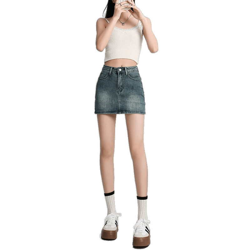 Elastic denim skirt, universal protective underware, hip-accented