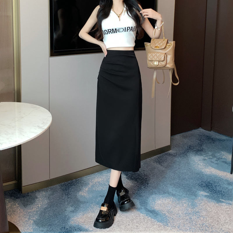 2023 split skirt women's early autumn hip skirt new high waist slimming skirt mid-length A- line skirt one-step skirt