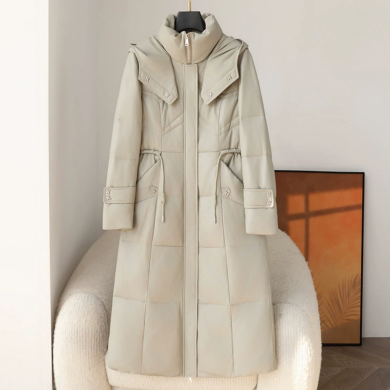 Настоящая кожаная пуховая куртка Haining, длинная теплая пуховая куртка с капюшоном, новая модель осень-зима 2025, оптом.