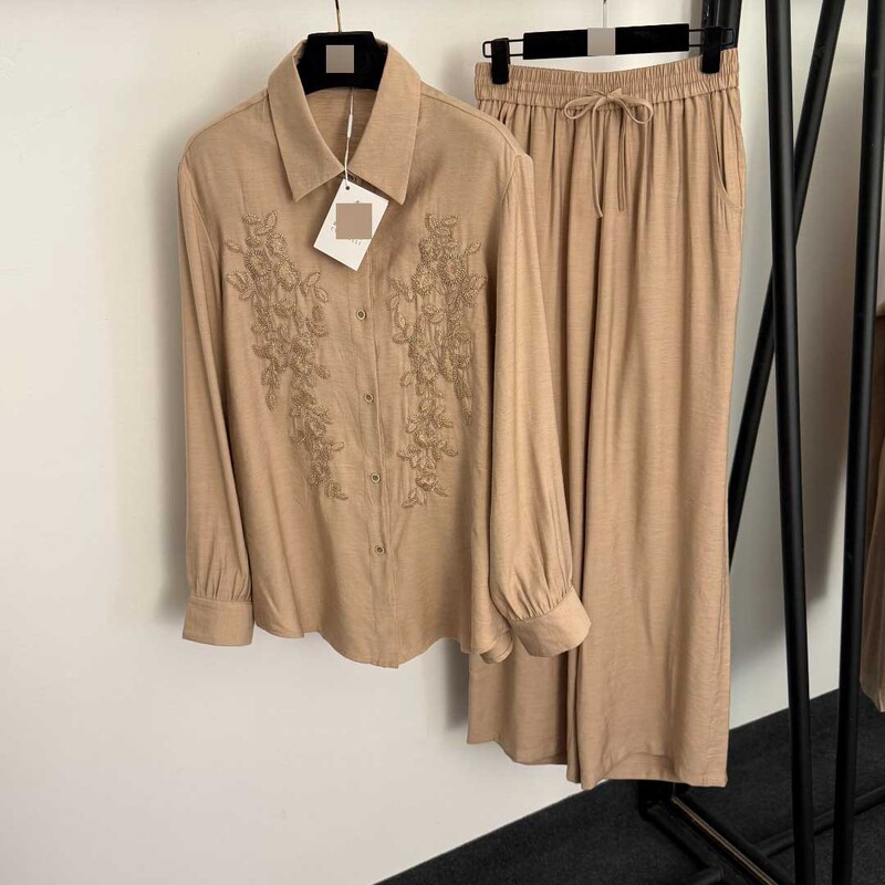 Nanyouhuo Bc New Linen Set: Heavy Beaded Embroidery Floral Long-Sleeve Shirt + Elastic Waist Casual Pants