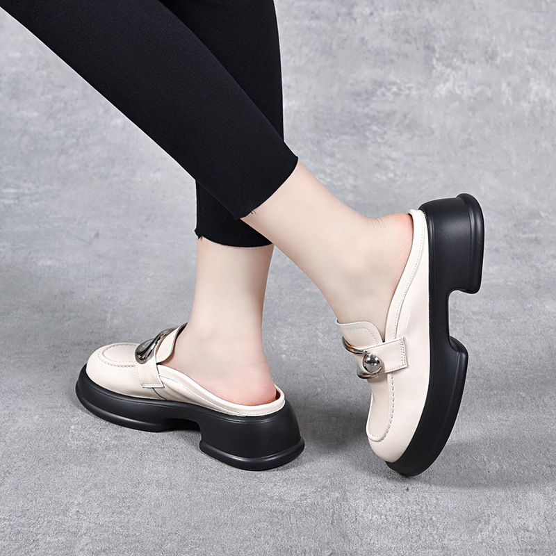 Dép sục bít mũi da thật mũi to đế dày phong cách loafer — Màu đen