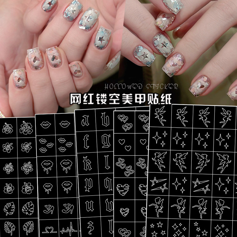New Nail Art Stickers Cut Out Template Heart Four-Pointed Star Letters Cat Claw Ballet Shoe Pattern Spray-Painted Nail Stickers