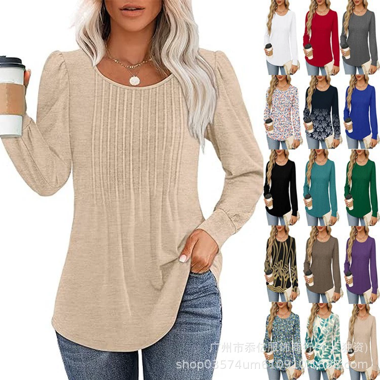 2024 Amazon осень новый женский топ с длинными рукавами рубашка модная повседневная складка с низким круглым вырезом трансграничная женская одежда