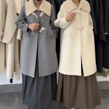 高级感牛角扣毛呢外套女秋冬新款中长款加厚小个子羊毛双面呢大衣