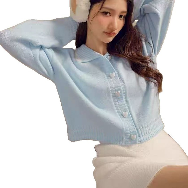 韩系针织小香风秋冬季新款翻领拼色外套爱心扣甜美毛衣女宽松开衫|undefined