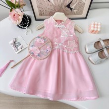 女童国风无袖连衣裙2025夏季新款女宝宝新中式蕾丝拼接汉服背心裙