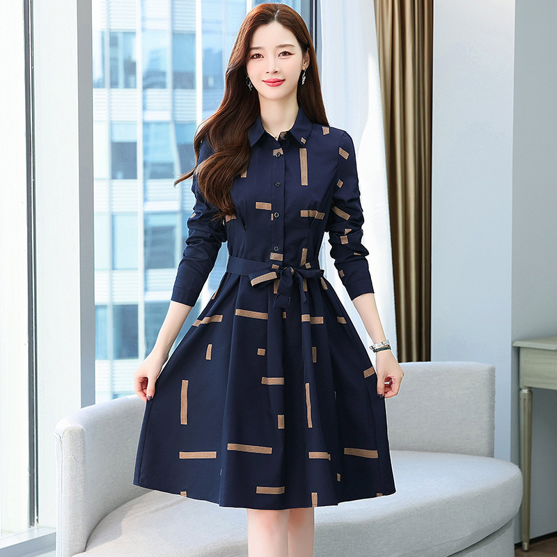 长袖POLO领衬衫连衣裙女2025春秋季新款洋气气质收腰显瘦中长裙子|undefined