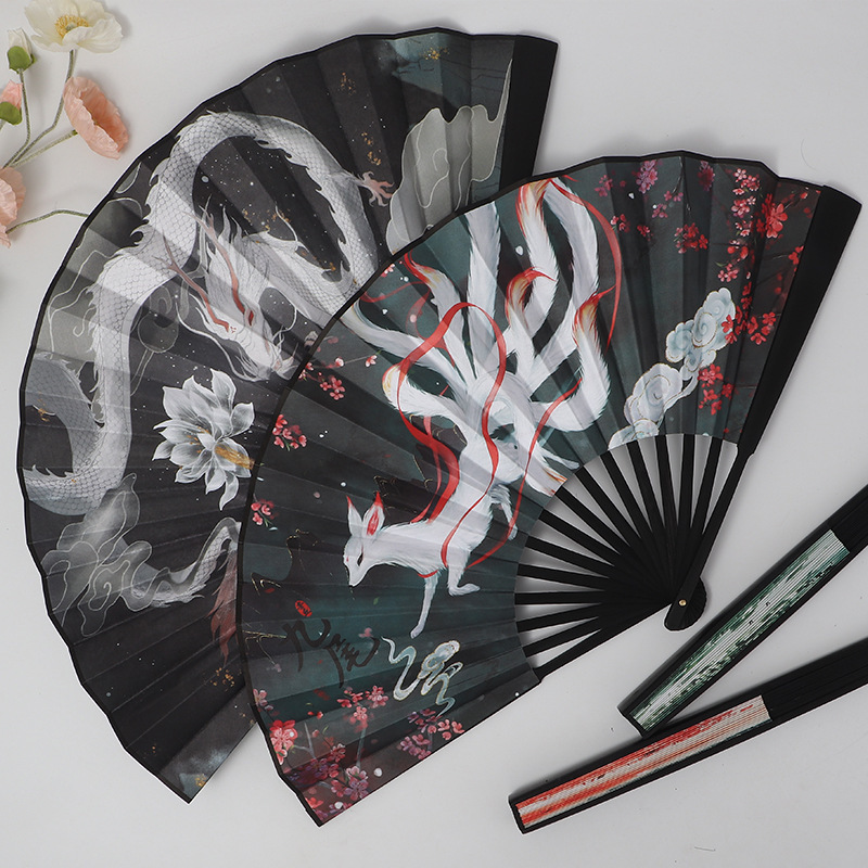 10 inch new double-sided dragon world bar special folding fan Chinese style Chinese dance fan antique fan wholesale