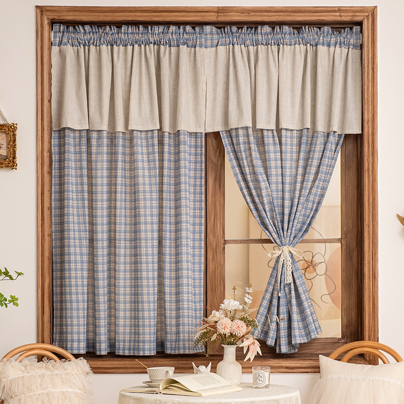 French-Style Retro Sky Blue Plaid American Country Pastoral Cotton and Linen Curtain Rod Head Curtain Kitchen Door Curtain No-Drill Rod