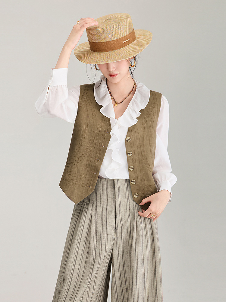 Áo khoác gile không tay cổ chữ V phối lớp phong cách cổ điển chất liệu vải lanh pha sợi Tencel — Màu cà phê