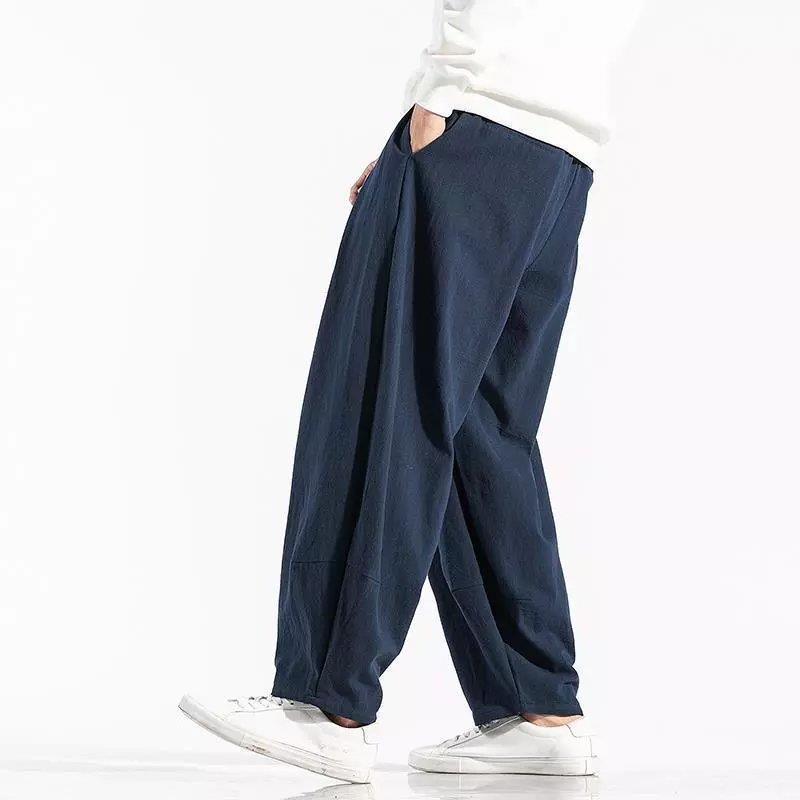 Pantalones sueltos de pantorrilla de estilo chino de primavera y verano, pantalones de meditación, bombachos de algodón y lino, pantalones de monje de Buda de gran tamaño, pantalones anchos para hombres