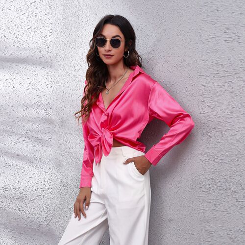 Shot Color Satin Women's Simulated Silk Long Sleeve Blouse New Arrival European and American Imported Cross-border Women's Clothing