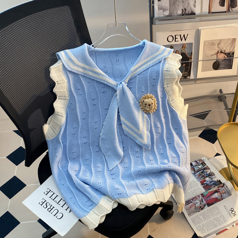 College Style Cut Out Navy Collar Knitted Vest Outer Wear 2025 Autumn and Winter New Korean Style Versatile Sweater Women's Vest Trend