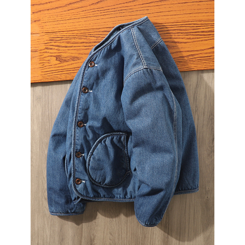 Japanese-Style Niche Autumn and Winter Washed Denim Cotton Jacket for Men, Quilted Warm Collarless Cotton Coat