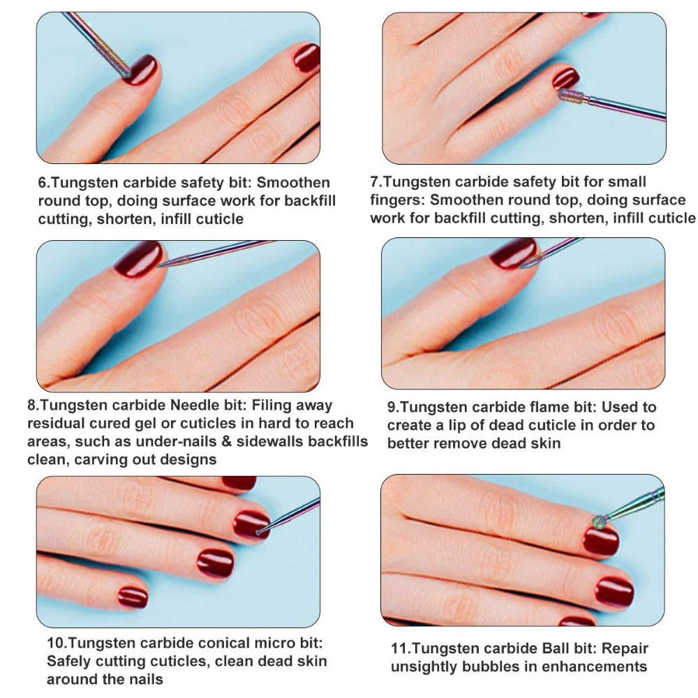 11 piezas de cerámica de colores de acero de tungsteno de uñas de esmeril pulido traje de cabeza de uñas removedor de la piel muerta cepillo de limpieza de la cabeza de molienda