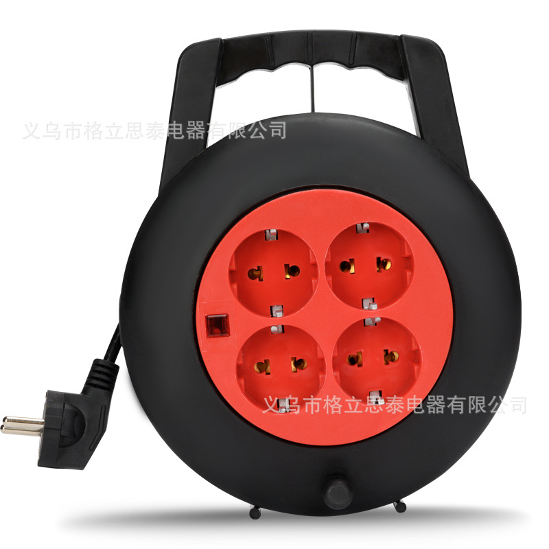 工厂批发欧式线盘接线板延长线10米手提欧标欧规卷盘拖线板插座