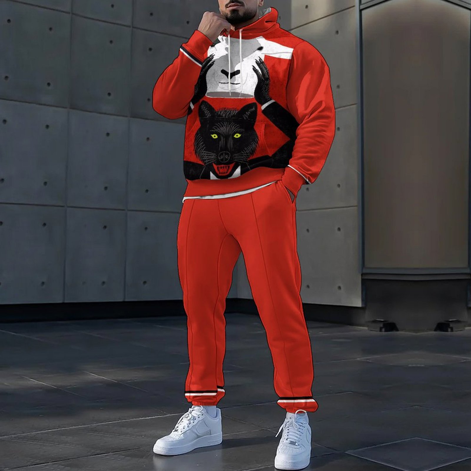 Traje de pantalón de suéter con capucha con estampado de animales 3D HD, MC11-ML1 de dos piezas de estilo perezoso y casual para el hogar