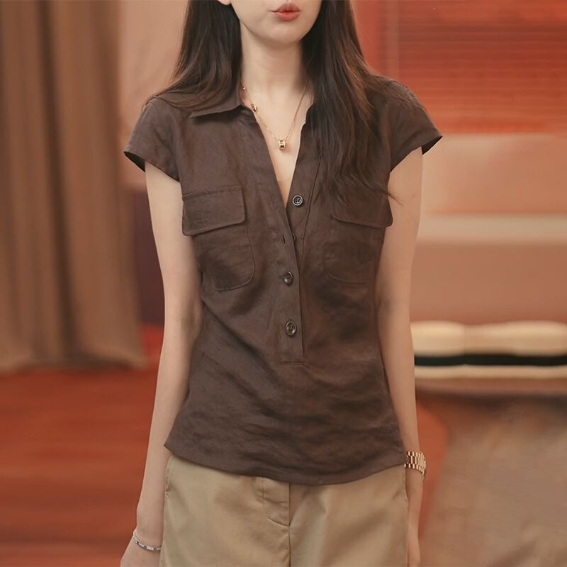 Summer New Fashion Short-Sleeve Casual Versatile Shirt for Women, Trendy and Stylish Top in Coffee Color Summer New Fashion Short-Sleeve Casual Versatile Shirt for Women, Trendy and Stylish Top in Coffee Color