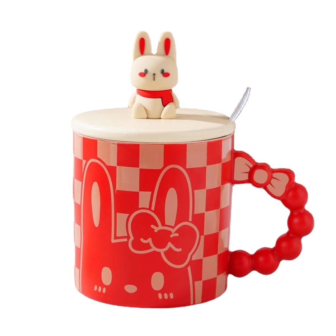 Personalidad creativa conejo de dibujos animados taza regalo cerámica taza con tapa cuchara arco café Oficina