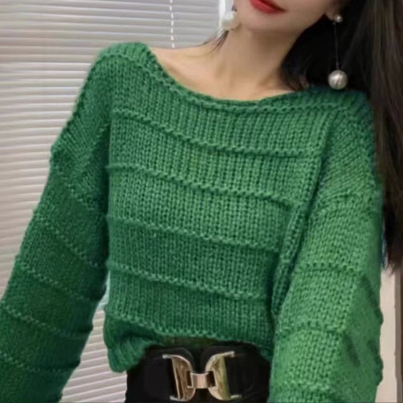 Мягкий вощеный пуловер в полоску в ленивом стиле, трикотаж с круглым вырезом для женщин, лето и осень 2025, новый свободный и стильный трикотажный пуловер