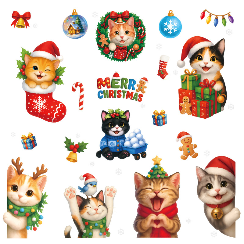 Amazon クリスマスステッカークリエイティブ子猫静電ステッカークリスマスパーティー用品スノーフレークベルガラスステッカー|undefined
