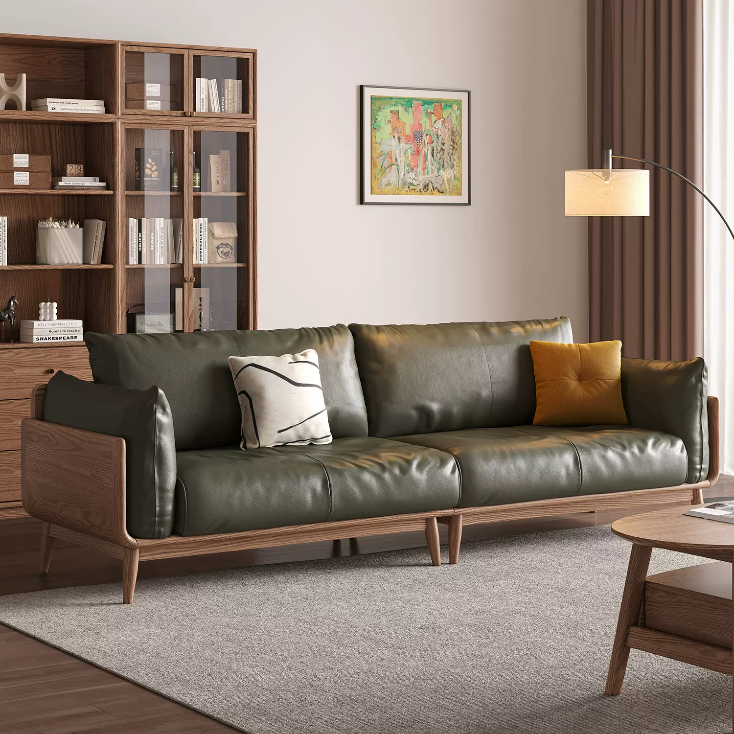 实木沙发客厅意式现代简约北欧小户型真皮沙发家用胡桃白蜡木沙发