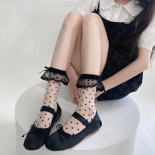 Japanese Style Ultra-thin Glass Silk Cute Polka Dot Bow Lace Short Socks Girl's Lolita Polka Dot Pile Socks