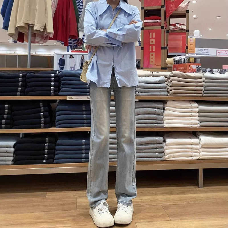 Light-Colored Washed Narrow Straight-Leg Jeans for Women, New Spring and Autumn High-Waisted Slim-Fit Stretch Cigarette Pants Light-Colored Washed Narrow Straight-Leg Jeans for Women, New Spring and Autumn High-Waisted Slim-Fit Stretch Cigarette Pants