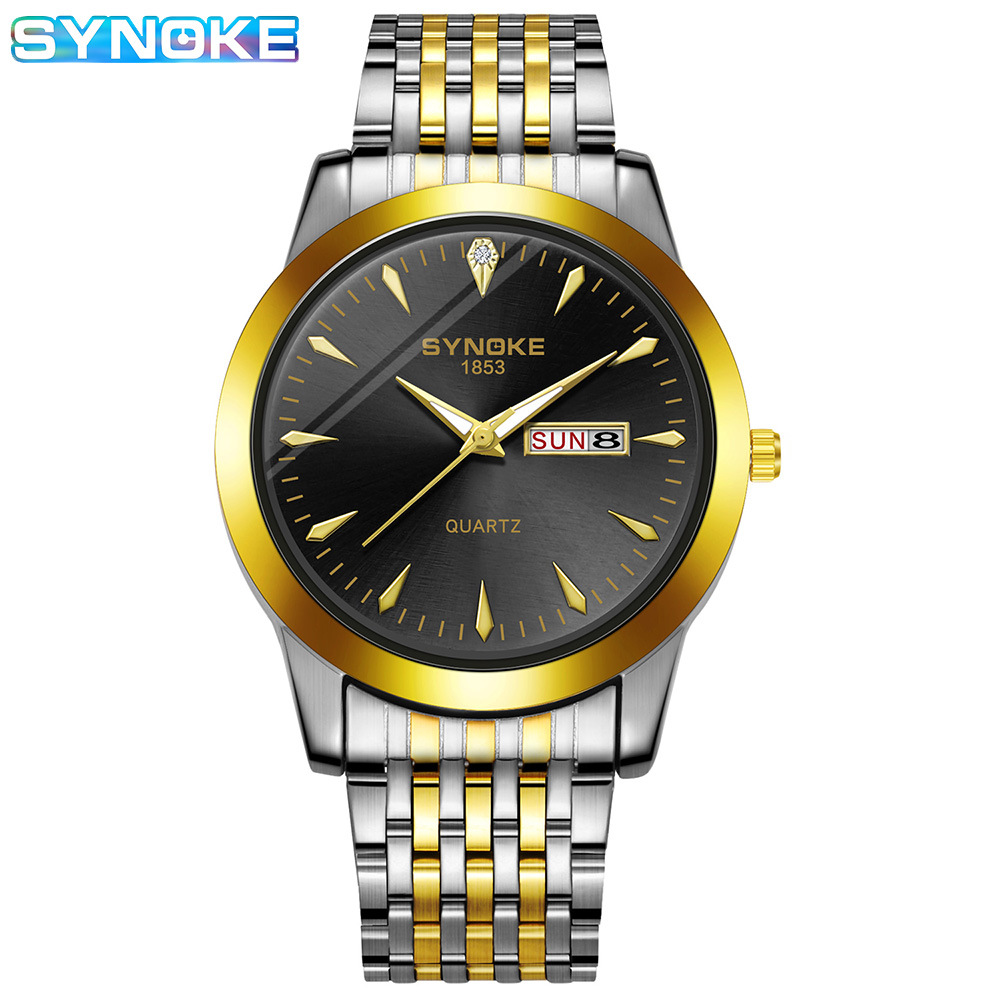 Reloj de cuarzo de negocios SYNOKE doble calendario aleación reloj casual moda clásica correa de acero reloj de los hombres
