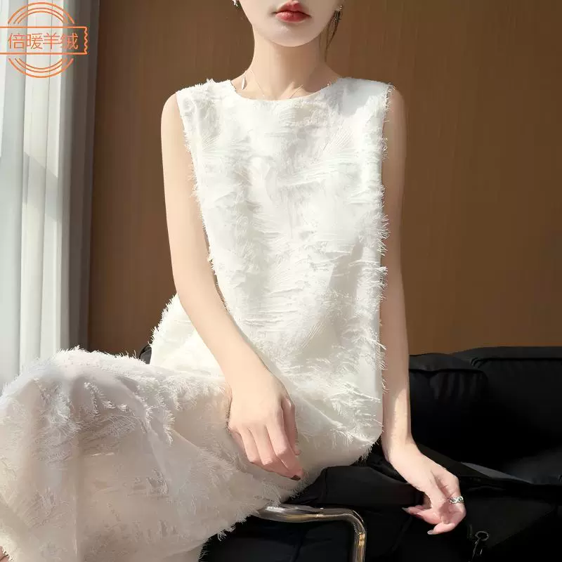 法式流苏剪花无袖连衣裙女夏缎面A字垂感中长款仿真丝无袖背心裙