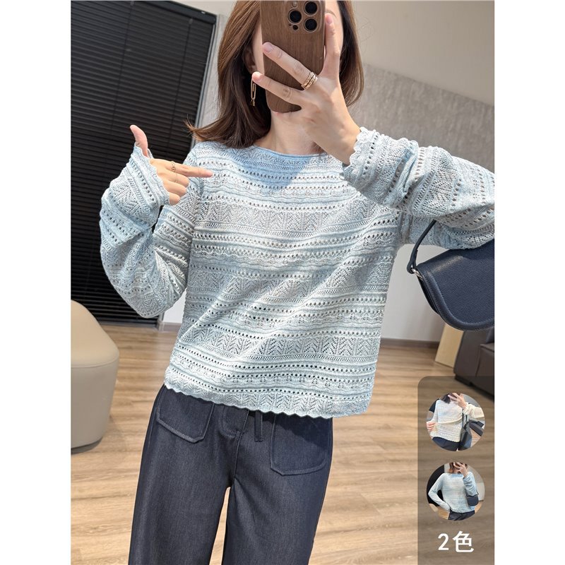 Beautiful Elegant! Hollow-Out Washi Yarn Tencel Knitwear! Flesh-Covering Loose Long-Sleeved Blouse Early Autumn New Top