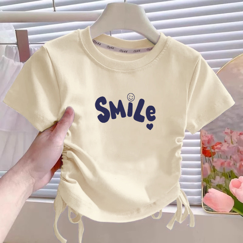 純綿中大子供用不規則巾着半袖Tシャツ女の子夏デザインラウンドネック子供服ショートトップス|undefined