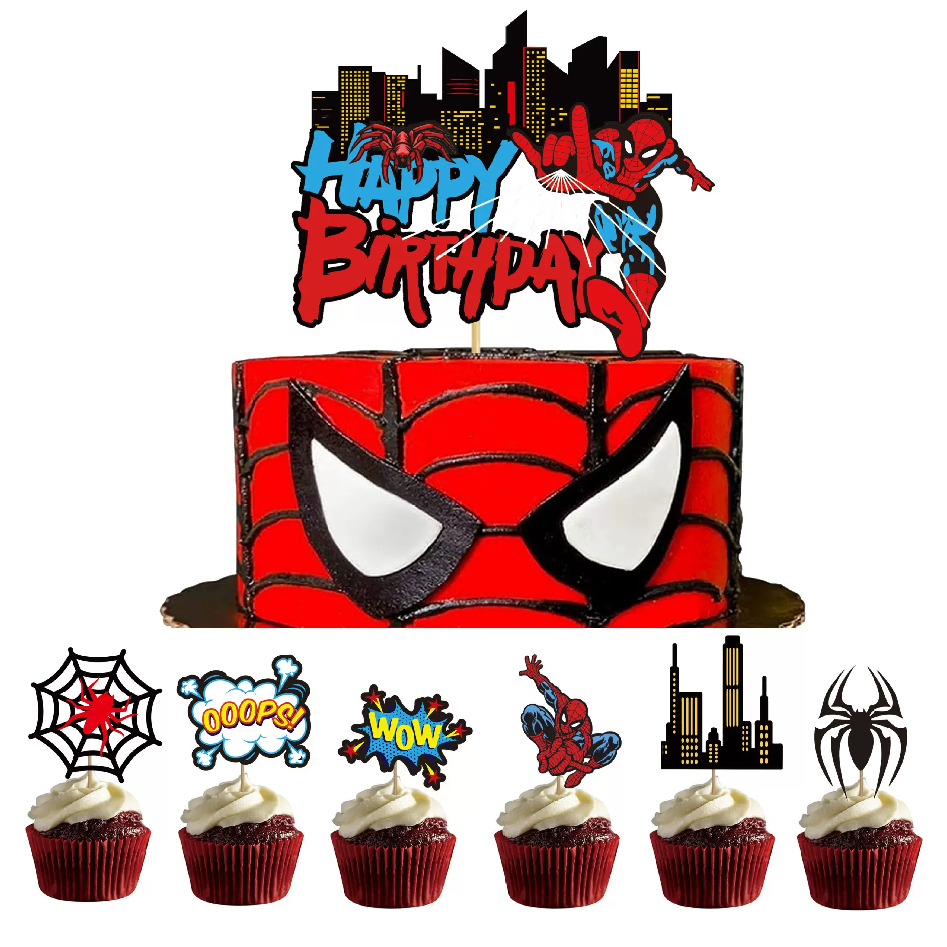 跨境新款蜘蛛侠主题蛋糕插件派对烘焙店装饰宝宝生日快乐蛋糕插牌